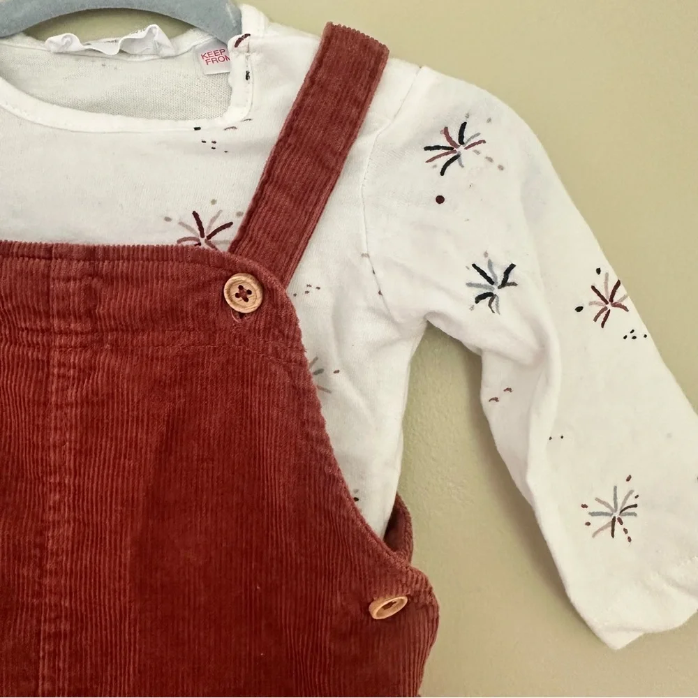 Zara Baby 2-Piece Set Rust Corduroy Overalls & Shirt Outfit 0-3M